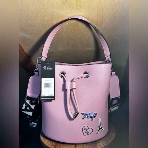 NEW! Karl Lagerfeld Paris Blush Pink Drawstring Bucket Hand Bag - Picture 1 of 7